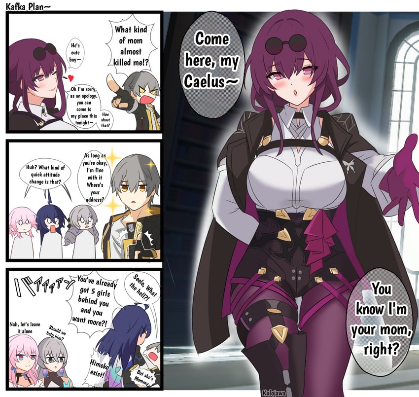 trailblazer, kafka, march 7th, caelus, bronya rand, and 1 more (honkai and 1 more) drawn by kulojawa