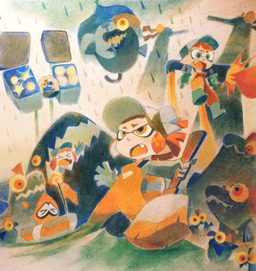 inkling player character, inkling girl, inkling boy, smallfry, chum, and 4 more (splatoon and 1 more) drawn by droplixle