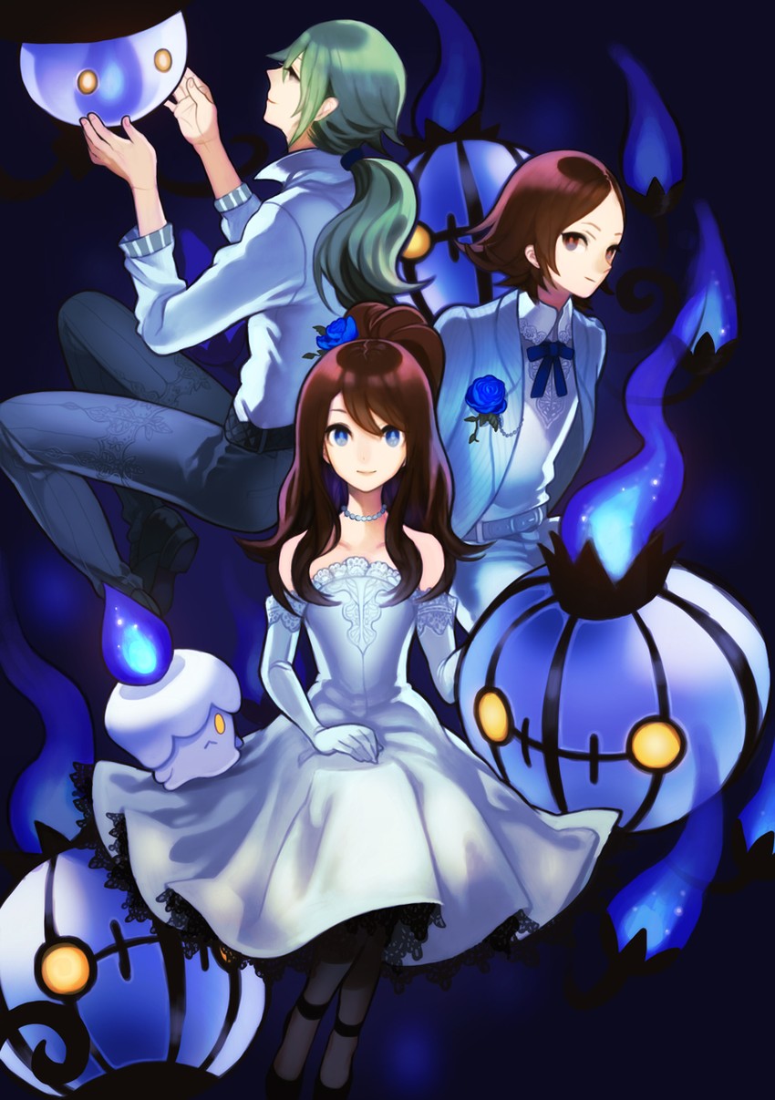hilda, hilbert, n, litwick, chandelure, and 1 more (pokemon and 1 more) drawn by 9_(saki-ooo-kiyu)