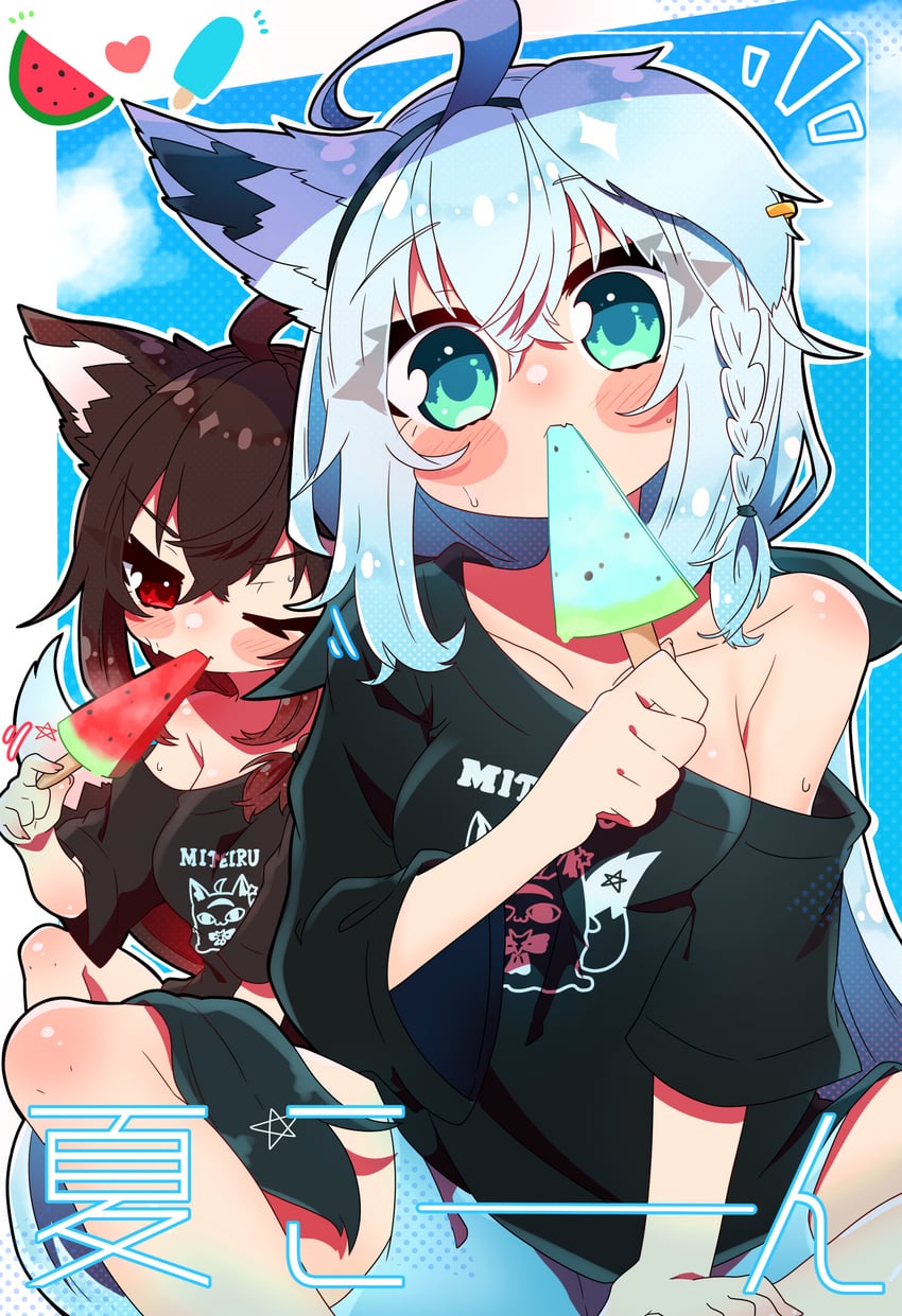 shirakami fubuki, kurokami fubuki, and miteiru (hololive) drawn by sakuramochi_(sakura_frappe)