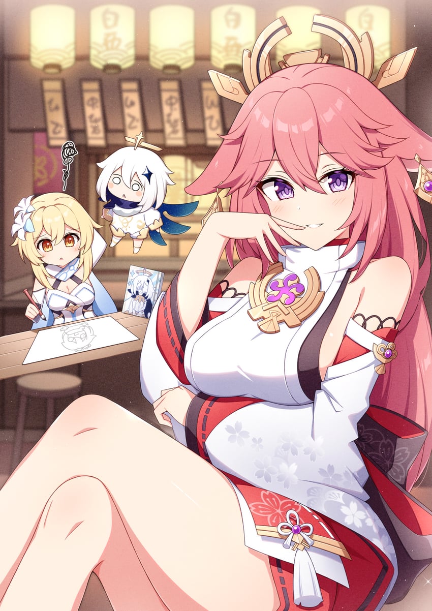 lumine, yae miko, and paimon (genshin impact) drawn by t@ke-g