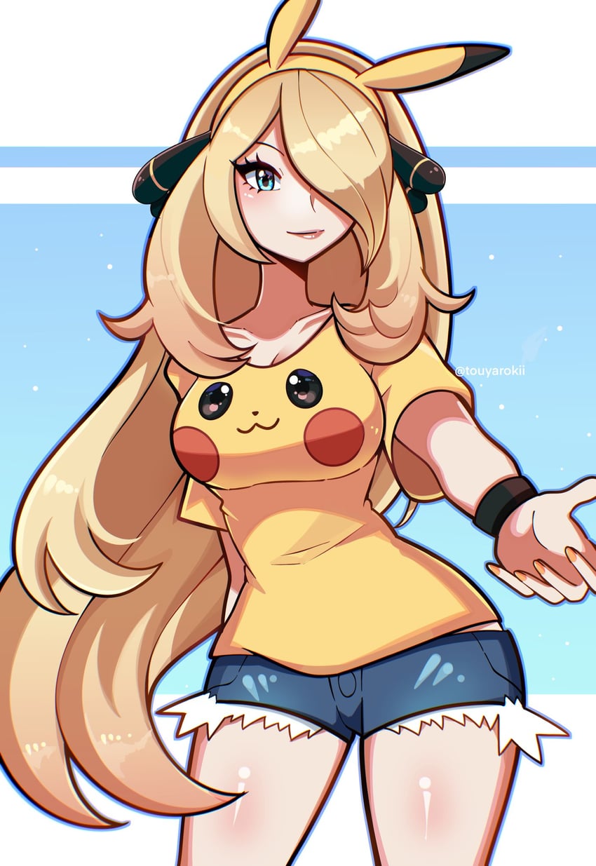 pikachu and cynthia (pokemon and 1 more) drawn by touyarokii