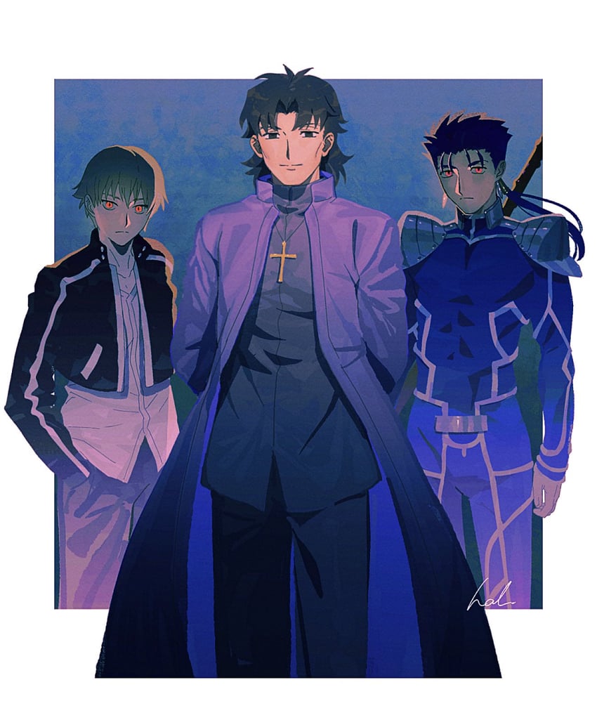 gilgamesh, cu chulainn, and kotomine kirei (fate and 1 more) drawn by hal_(haaaalhal)