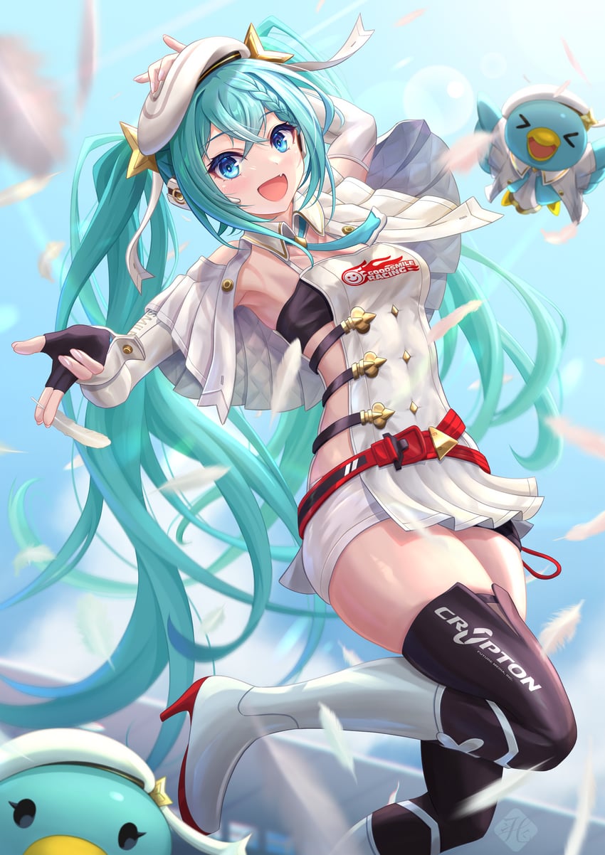 hatsune miku and racing miku (vocaloid and 1 more) drawn by hanegaito