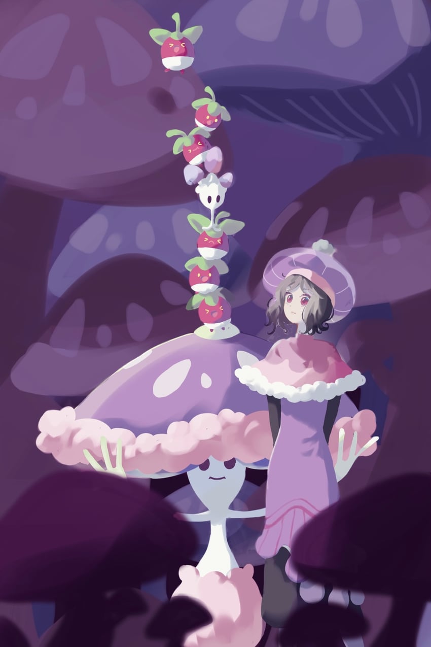 cherubi, morelull, and shiinotic (pokemon) drawn by harumomo_(@harumomo123456)