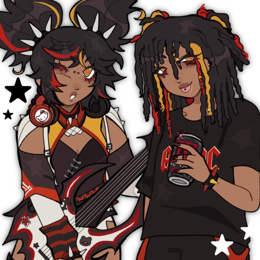 hello kitty and xinyan (genshin impact and 3 more) drawn by heaven_(blkventi)
