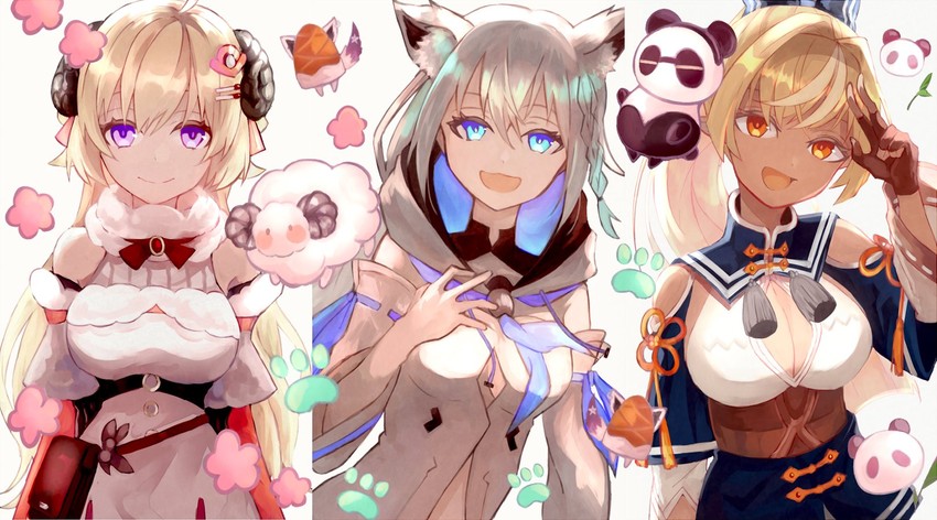 shirakami fubuki, shiranui flare, tsunomaki watame, oruyanke, and kintsuba (hololive) drawn by shaberu_hijiki