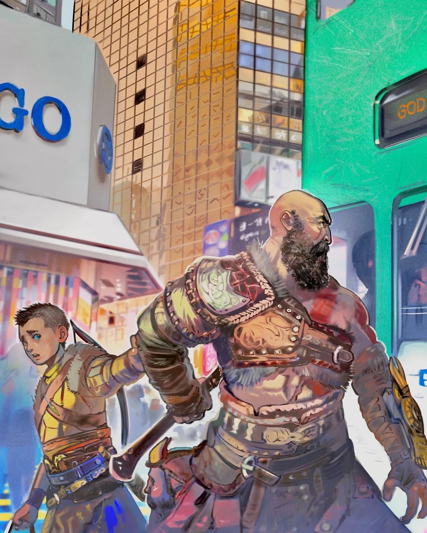 kratos, atreus, and mimir (god of war and 1 more) drawn by little_thunder