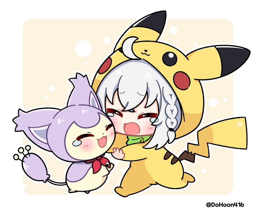 pikachu, shirakami fubuki, nekomata okayu, and skitty (pokemon and 1 more) drawn by dohoon