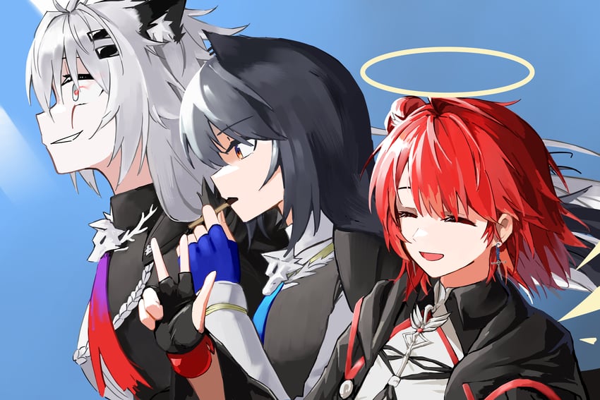 texas, lappland, exusiai, texas the omertosa, lappland the decadenza, and 1 more (arknights) drawn by nsd_cre