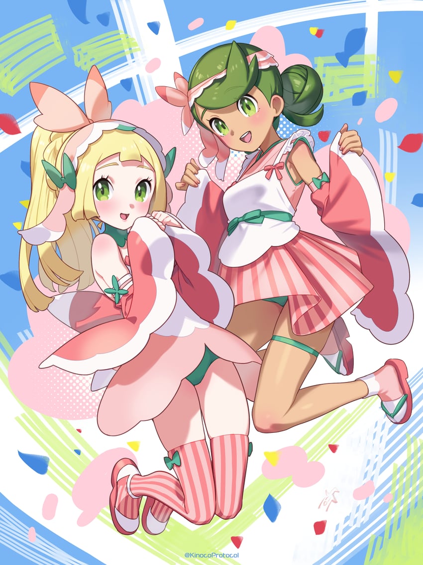 lillie, mallow, and lurantis (pokemon and 1 more) drawn by kinocopro