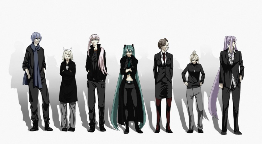 hatsune miku, kagamine rin, kagamine len, megurine luka, kaito, and 2 more (vocaloid and 2 more) drawn by mrzn