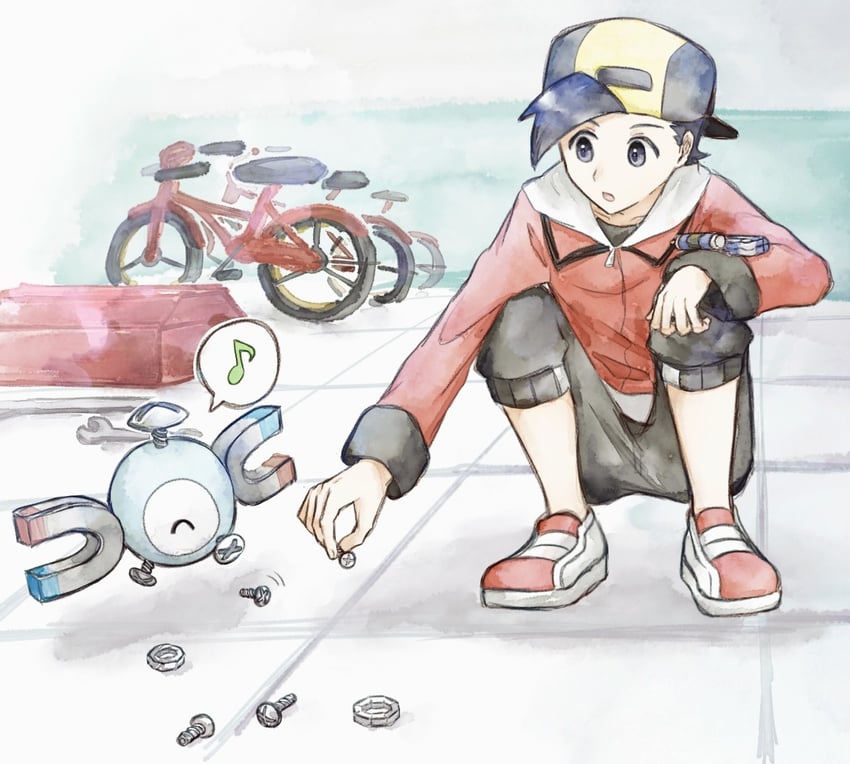 ethan and magnemite (pokemon and 1 more) drawn by asuka_rkgk
