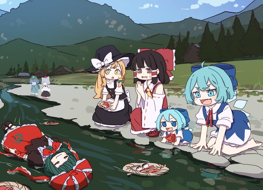 hakurei reimu, kirisame marisa, cirno, inubashiri momiji, kawashiro nitori, and 2 more (touhou) drawn by kame_(kamepan44231)