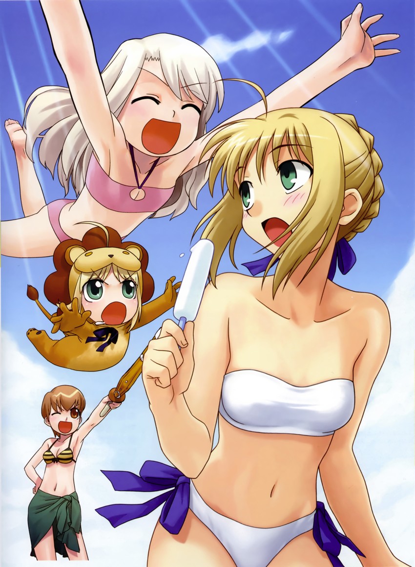 artoria pendragon, saber, illyasviel von einzbern, fujimura taiga, and saber lion (fate and 2 more) drawn by higurashi_ryuuji and hirai_yukio