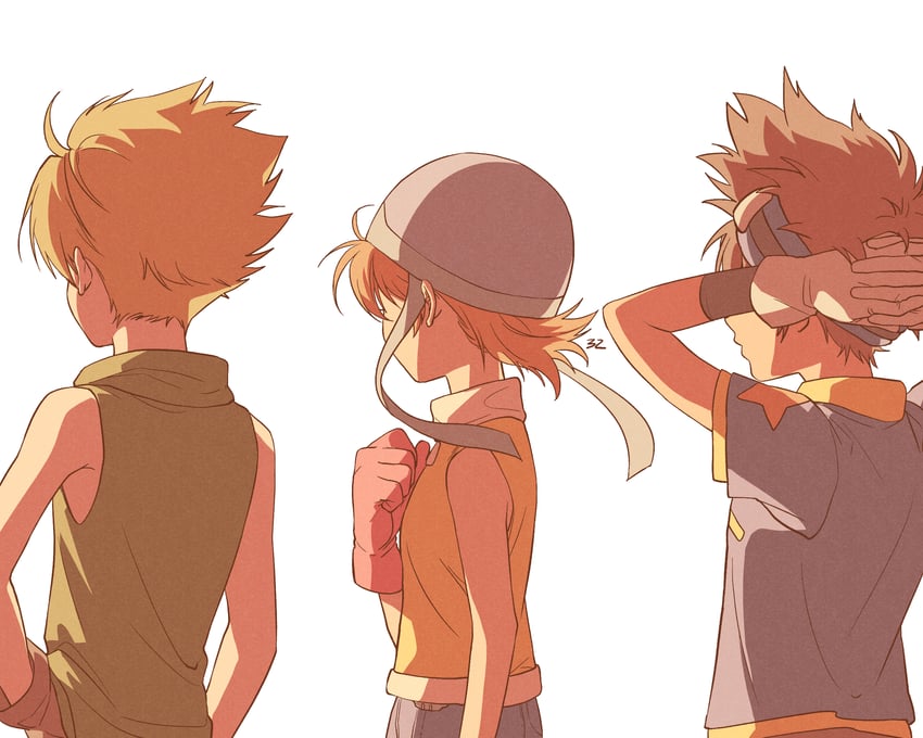 yagami taichi, takenouchi sora, and ishida yamato (digimon and 1 more) drawn by bean32