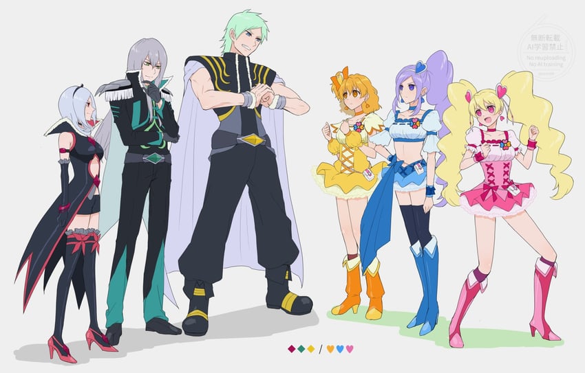 higashi setsuna, momozono love, cure peach, yamabuki inori, aono miki, and 5 more (precure and 1 more) drawn by hagihara_riku