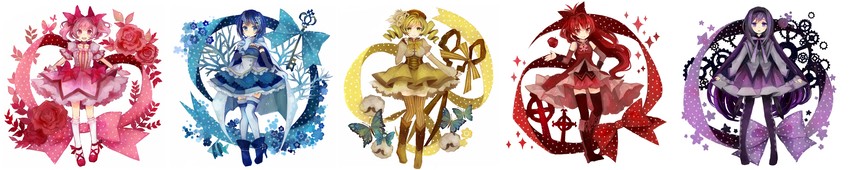 akemi homura, kaname madoka, miki sayaka, sakura kyoko, and tomoe mami (mahou shoujo madoka magica and 1 more) drawn by cottan and mukimuki_mayuge