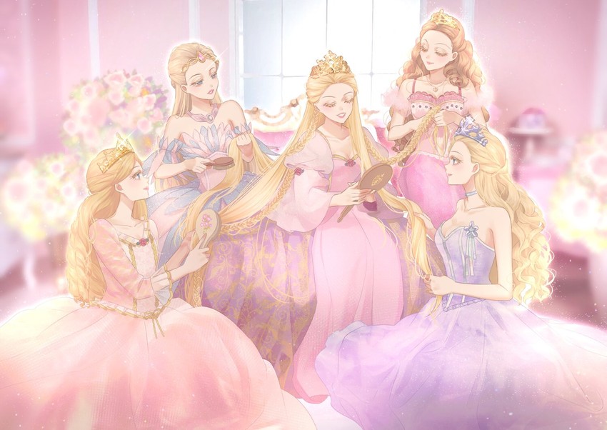 barbie, anneliese, rapunzel, odette, clara, and 1 more (barbie and 5 more) drawn by okitafuji