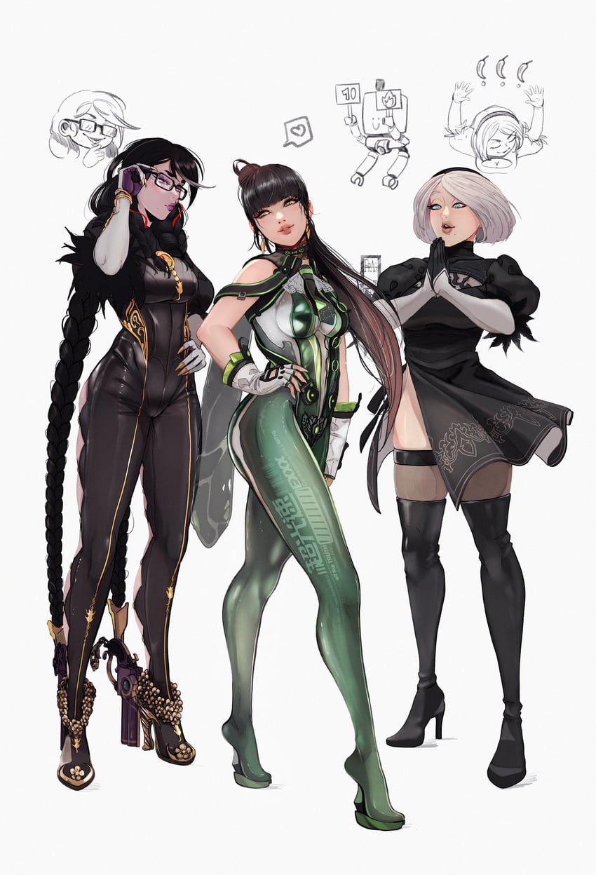 2b, bayonetta, pod, and eve (nier and 4 more) drawn by ifragmentix