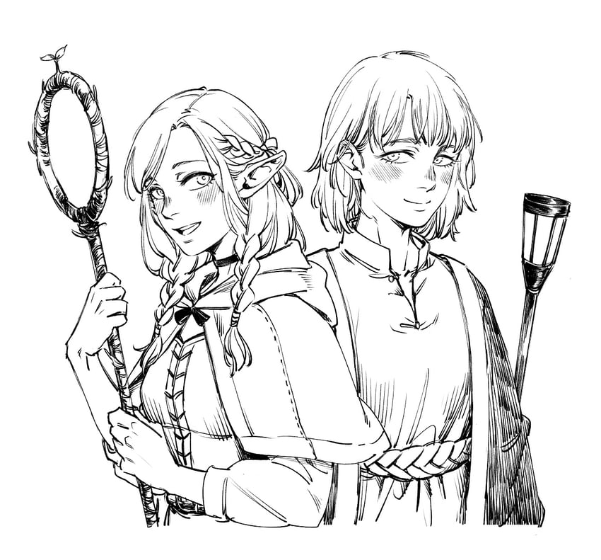 marcille donato and falin touden (dungeon meshi) drawn by danjiddg