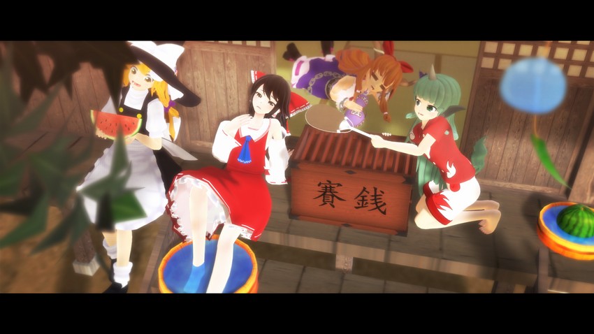 hakurei reimu, kirisame marisa, ibuki suika, and komano aunn (touhou) drawn by qwerty_(qwerty_ky)