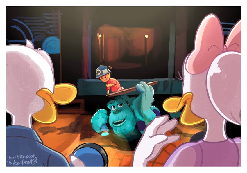 donald duck, daisy duck, james p. sullivan, and boo (mickey mouse & friends and 2 more) drawn by takatmaorange