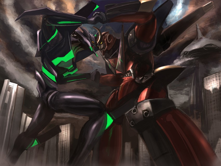 eva 01 and gurren-lagann (neon genesis evangelion and 1 more) drawn by kashiwazaki_hiroshi