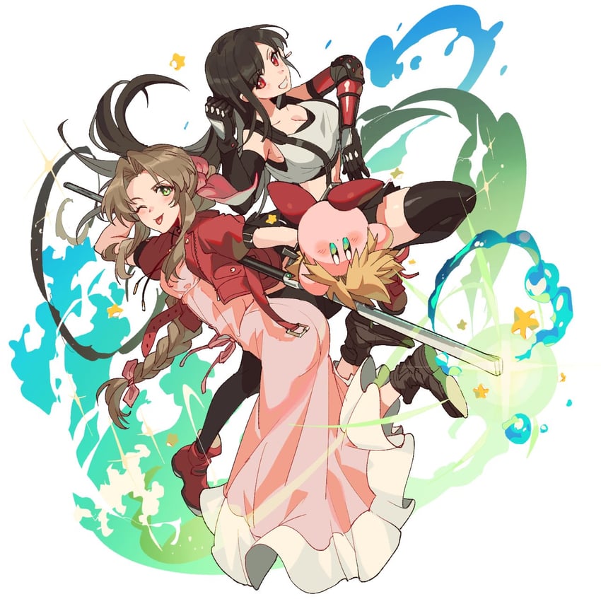 tifa lockhart, cloud strife, aerith gainsborough, and kirby (final fantasy and 3 more) drawn by pokashi