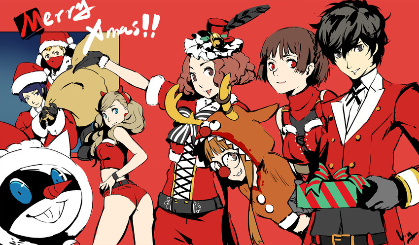 amamiya ren, takamaki anne, sakura futaba, okumura haru, morgana, and 2 more (persona and 1 more) drawn by club3