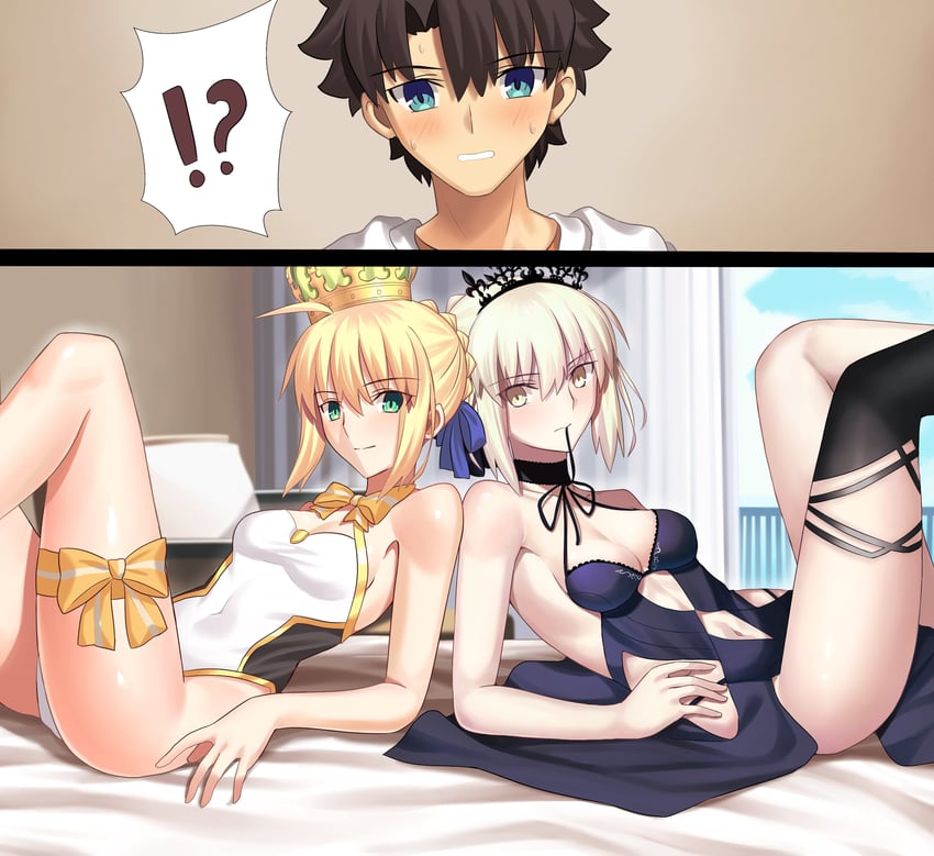 artoria pendragon, fujimaru ritsuka, and saber alter (fate and 1 more) drawn by longdq3008