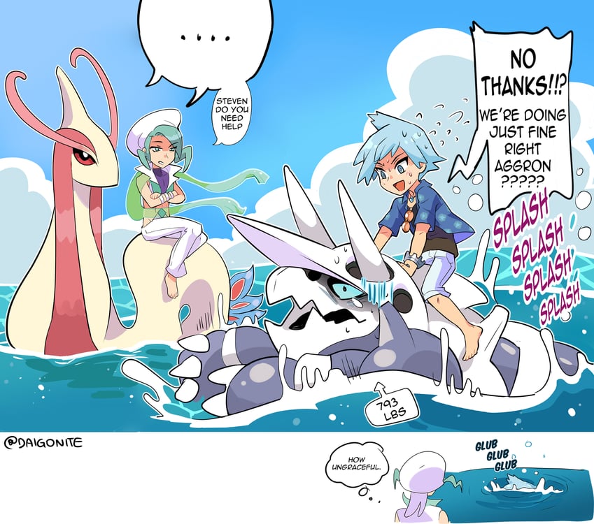 steven stone, milotic, wallace, and aggron (pokemon and 2 more) drawn by goro_orb