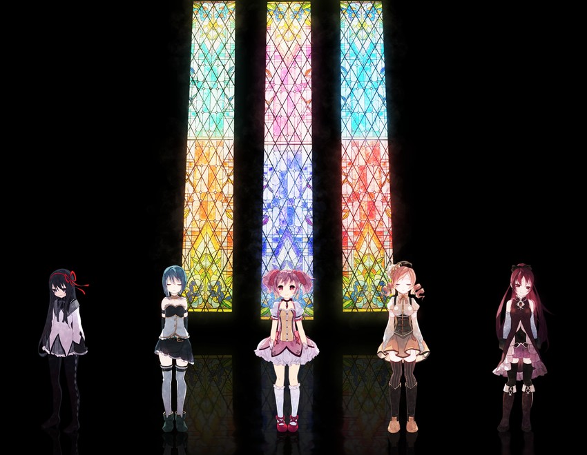 akemi homura, kaname madoka, miki sayaka, sakura kyoko, and tomoe mami (mahou shoujo madoka magica) drawn by kushibi