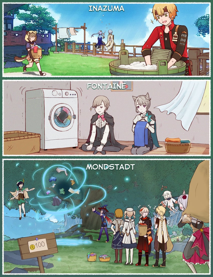 aether, mona, venti, paimon, kamisato ayaka, and 8 more (genshin impact) drawn by harnee_s