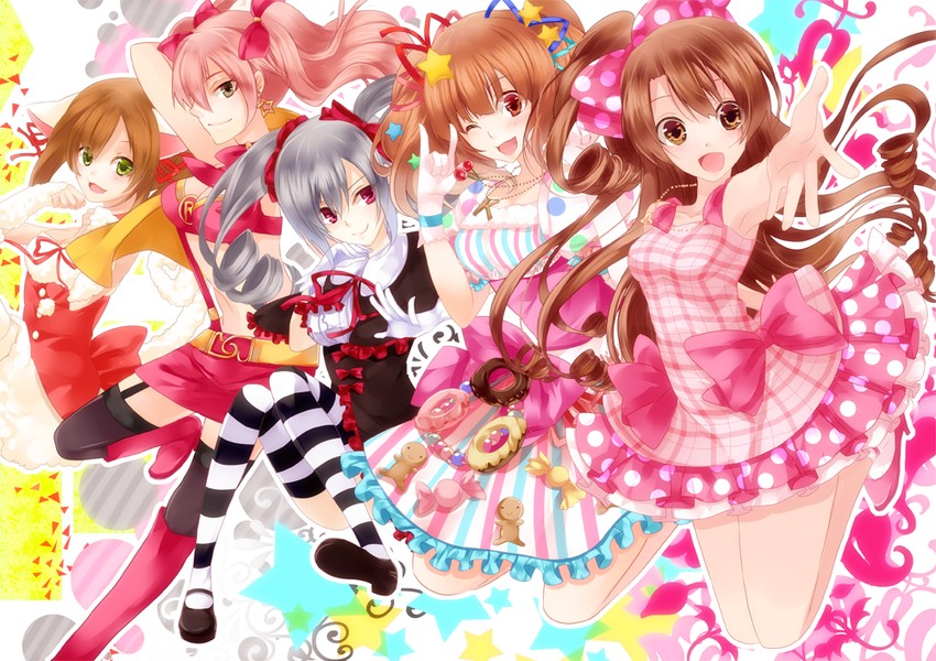 shimamura uzuki, jougasaki mika, kanzaki ranko, maekawa miku, and moroboshi kirari (idolmaster and 1 more) drawn by miri_(roll)