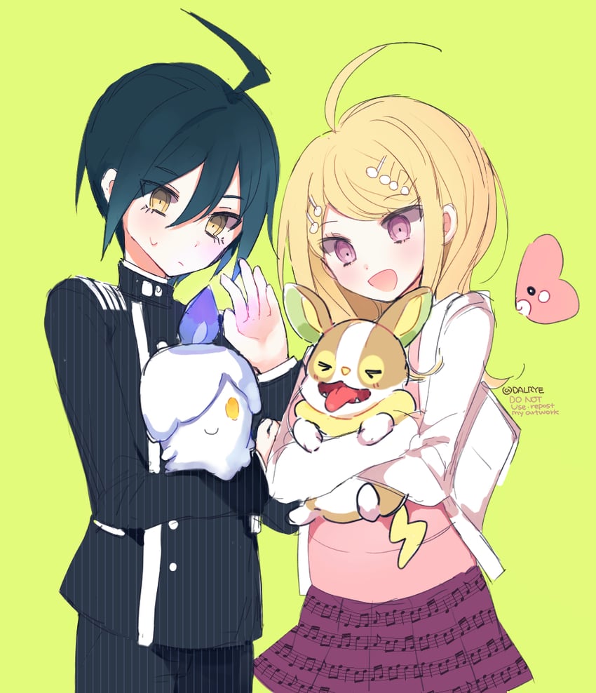 saihara shuichi, akamatsu kaede, litwick, yamper, and luvdisc (pokemon and 2 more) drawn by dalrye_v3