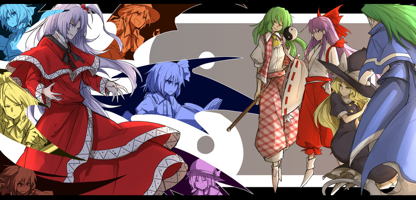 hakurei reimu, kirisame marisa, alice margatroid, kazami yuuka, shinki, and 6 more (touhou and 1 more) drawn by kankan33333
