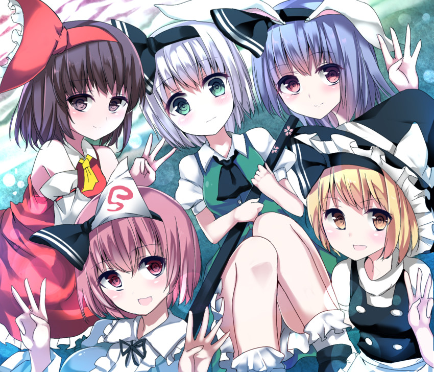 hakurei reimu, kirisame marisa, konpaku youmu, reisen udongein inaba, and saigyouji yuyuko (touhou) drawn by shamuichi
