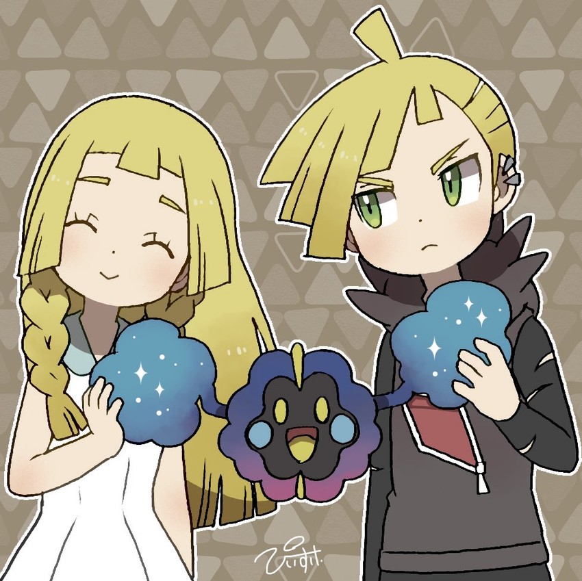 lillie, gladion, and cosmog (pokemon and 1 more) drawn by piisuke_(ebiko)