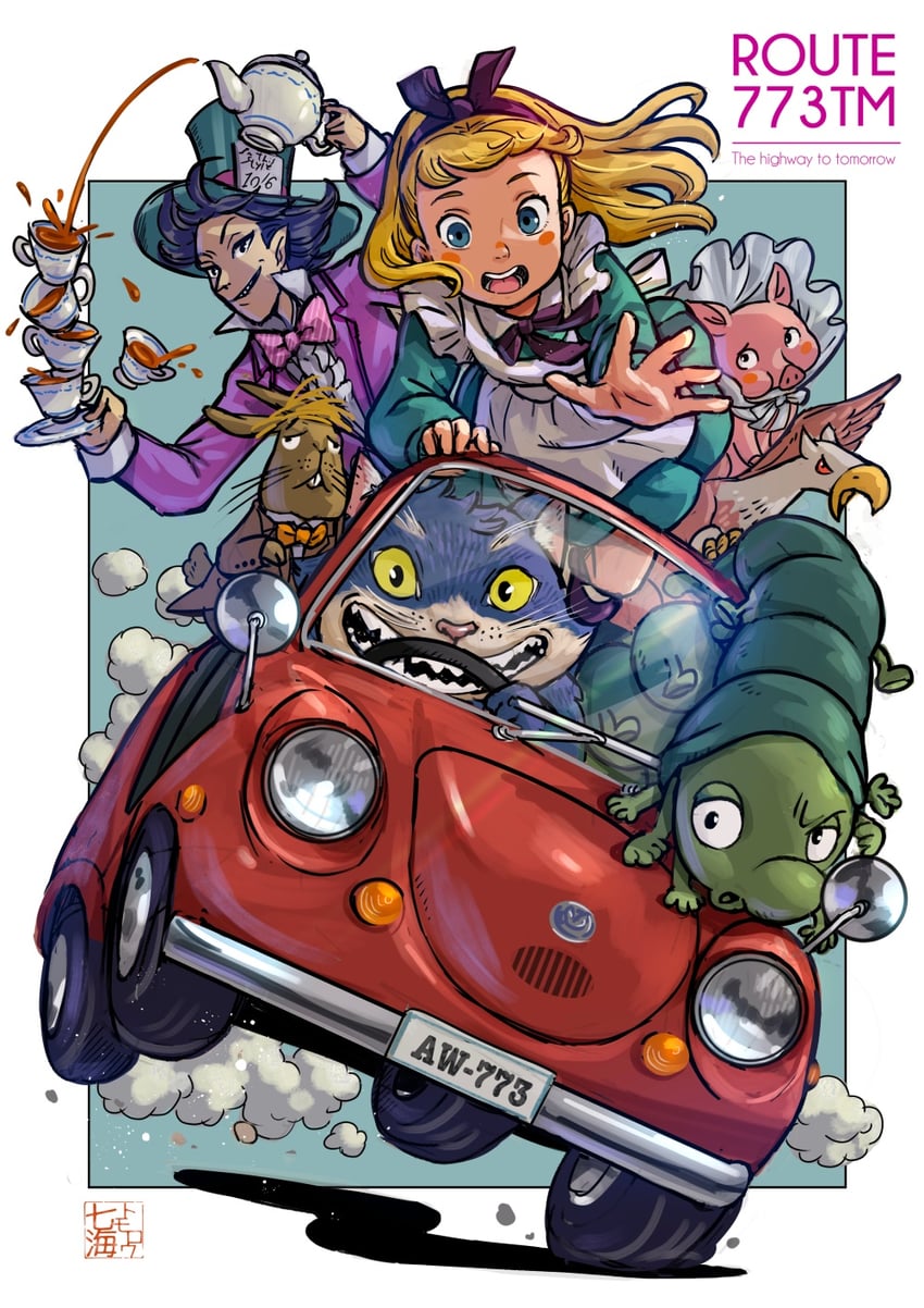 alice, cheshire cat, mad hatter, march hare, caterpillar, and 1 more (alice's adventures in wonderland) drawn by nanami_tomorou