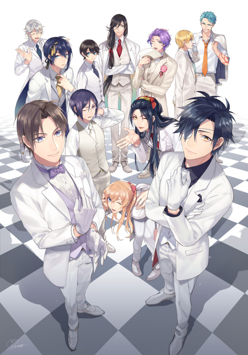 mikazuki munechika, tsurumaru kuninaga, midare toushirou, izumi-no-kami kanesada, horikawa kunihiro, and 7 more (touken ranbu) drawn by ko-man