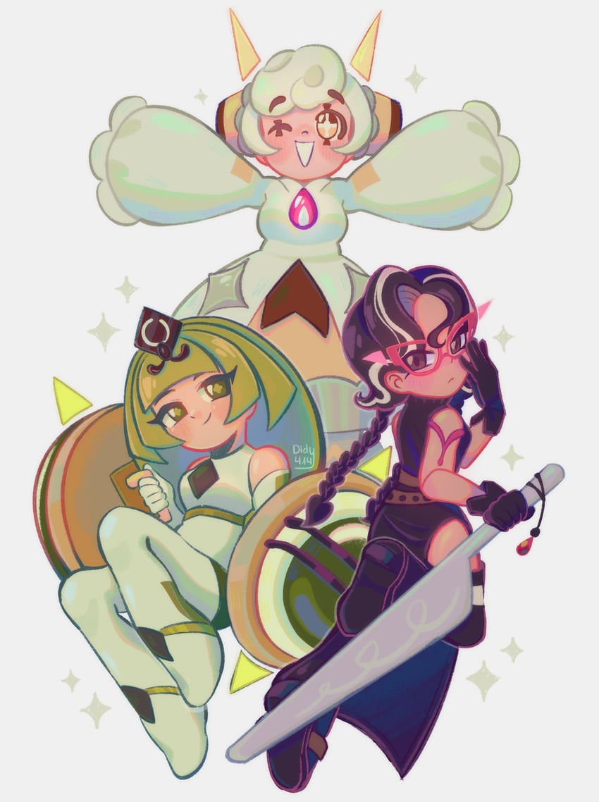 green tea mousse cookie, pudding a la mode cookie, and choco drizzle cookie (cookie run and 1 more) drawn by didy414