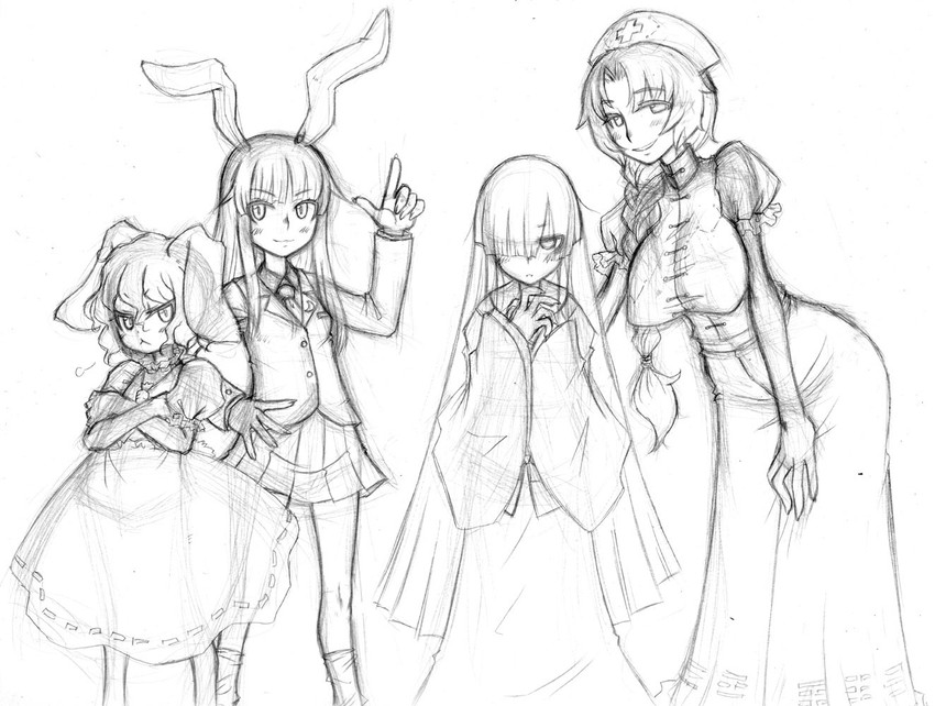 reisen udongein inaba, houraisan kaguya, inaba tewi, and yagokoro eirin (touhou) drawn by jon_henry_nam