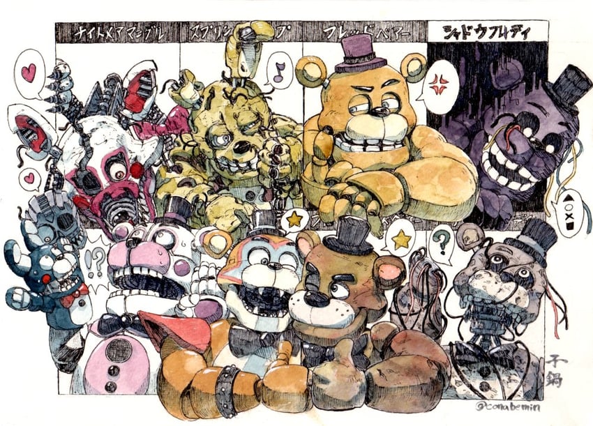 freddy fazbear, glamrock freddy, springtrap, fredbear, bon bon, and 4 more (five nights at freddy's and 6 more) drawn by conabemin
