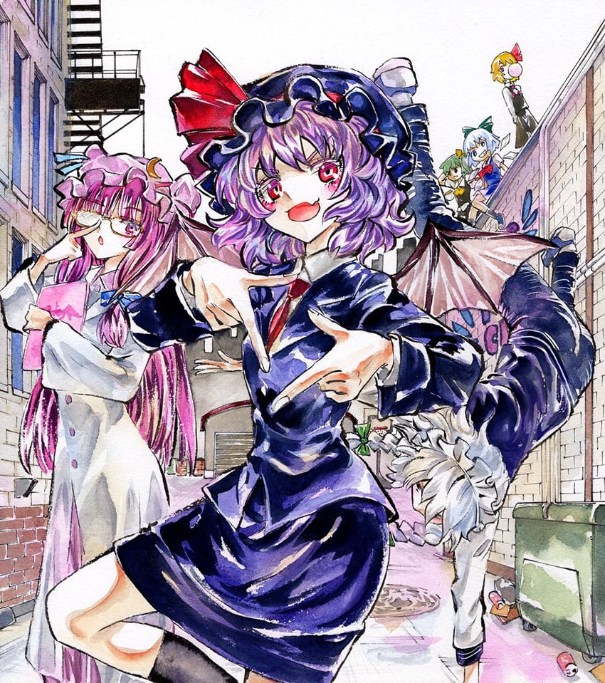 remilia scarlet, izayoi sakuya, cirno, patchouli knowledge, rumia, and 1 more (touhou and 2 more) drawn by kabaji