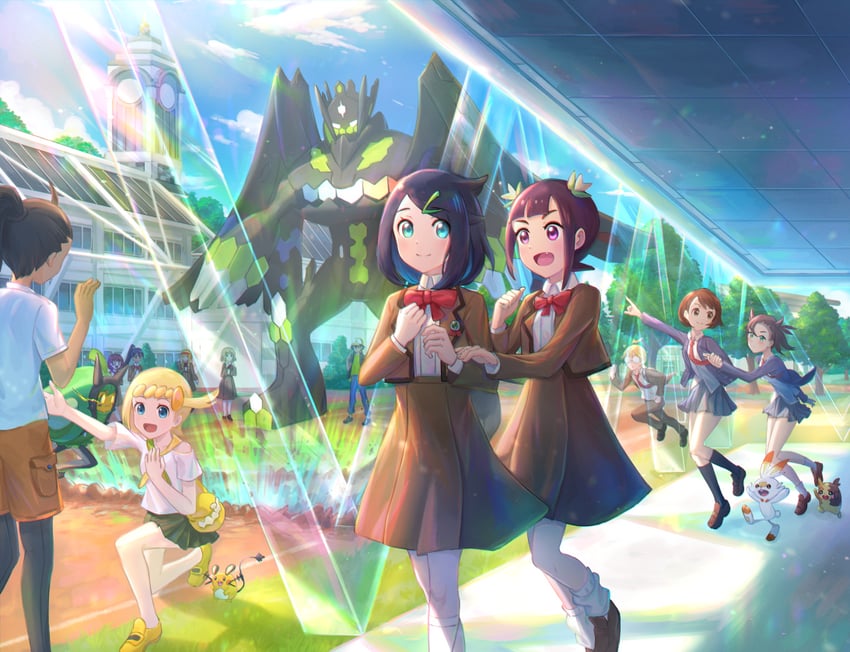 marnie, gloria, ash ketchum, morpeko, scorbunny, and 7 more (pokemon and 3 more) drawn by kutsunohito
