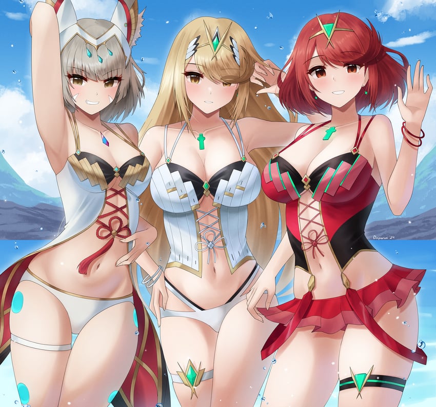 pyra, mythra, and nia (xenoblade chronicles and 2 more) drawn by doiparuni