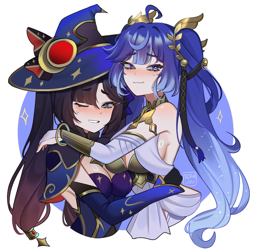 mona and iuno (genshin impact and 1 more) drawn by mizah_(mizah)