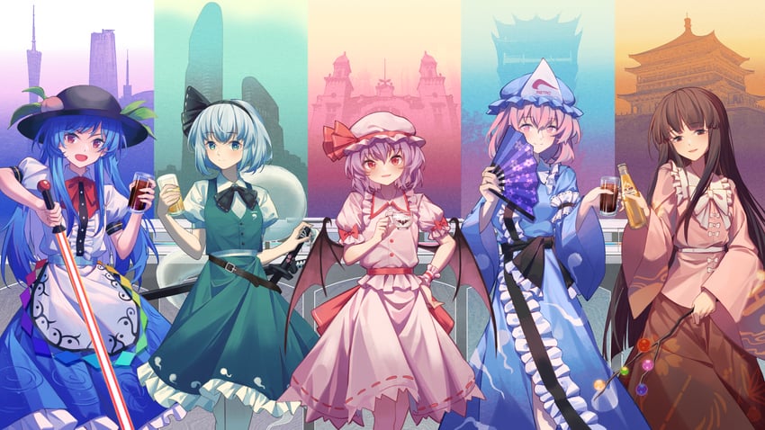 remilia scarlet, konpaku youmu, saigyouji yuyuko, hinanawi tenshi, and houraisan kaguya (touhou) drawn by minuo