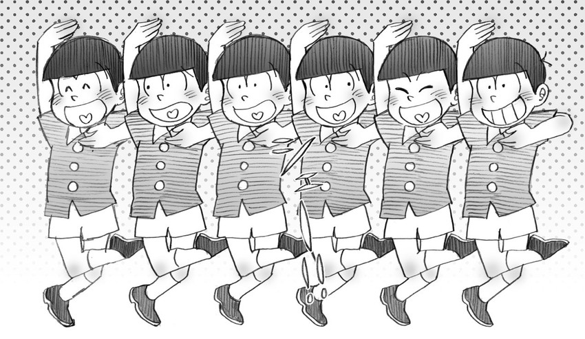 matsuno osomatsu, matsuno karamatsu, matsuno ichimatsu, matsuno jyushimatsu, matsuno choromatsu, and 1 more (osomatsu and 1 more) drawn by mujiro